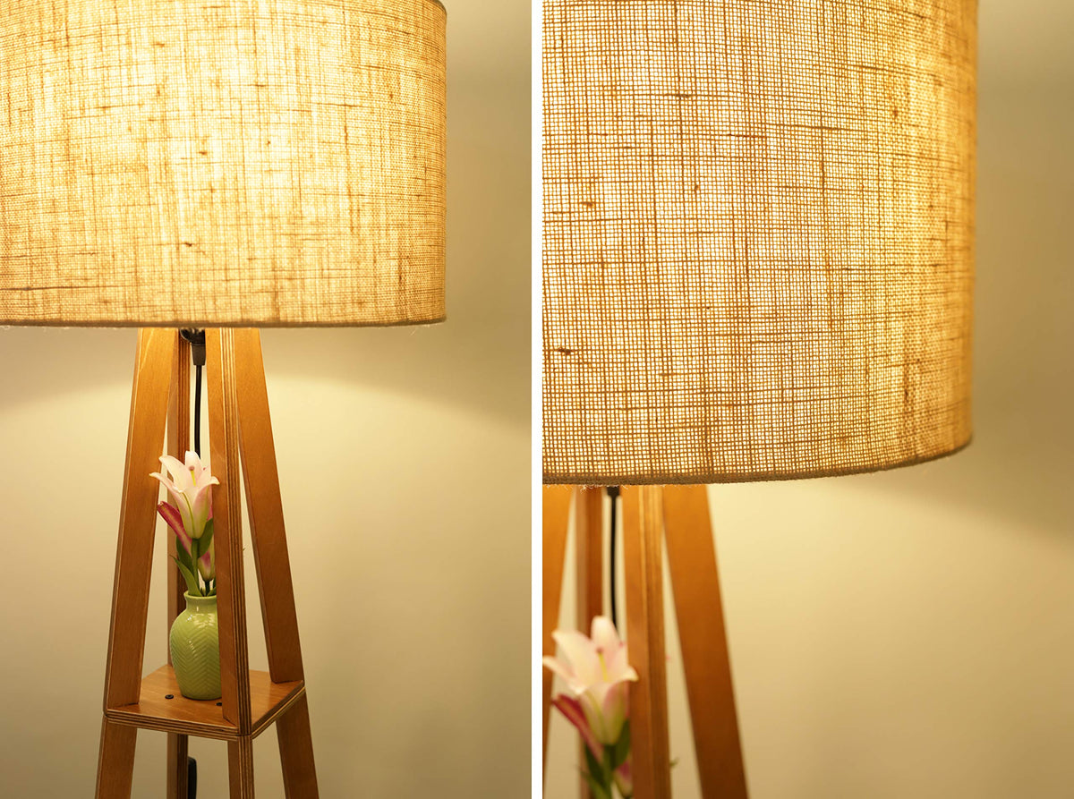 Crosscut Furniture Wooden Floor Lamp with Shelf (Natural Jute). LED Bulb Included 