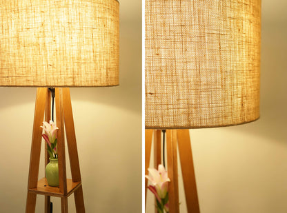 Crosscut Furniture Wooden Floor Lamp with Shelf (Natural Jute). LED Bulb Included 