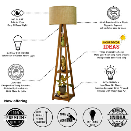 Crosscut Furniture Wooden Floor Lamp with Shelf (Natural Jute). LED Bulb Included 