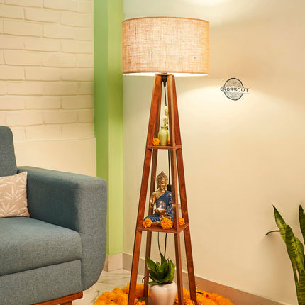 Crosscut Furniture Wooden Floor Lamp with Shelf (Natural Jute). LED Bulb Included 