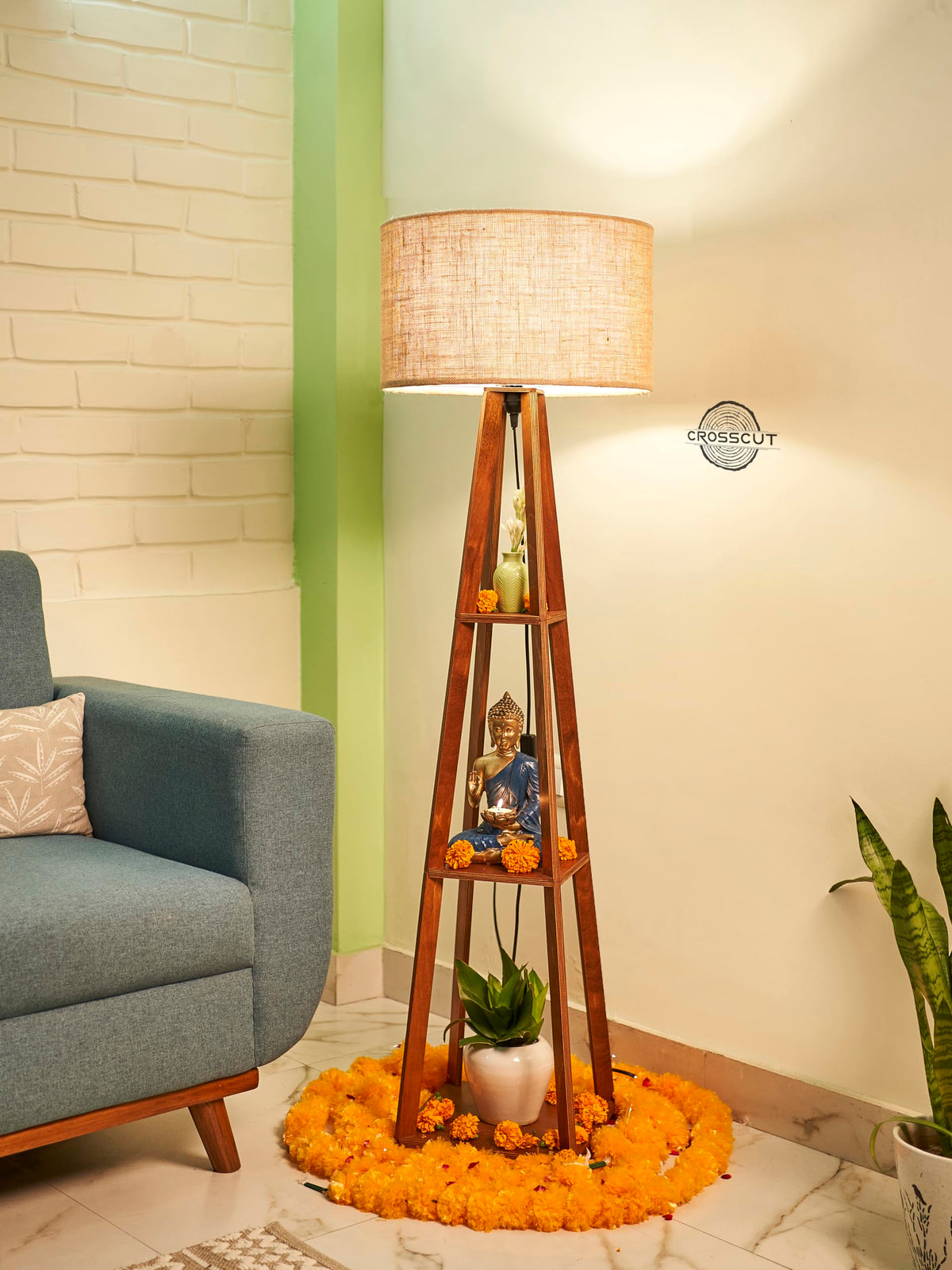Crosscut Furniture Wooden Floor Lamp with Shelf (Natural Jute). LED Bulb Included 