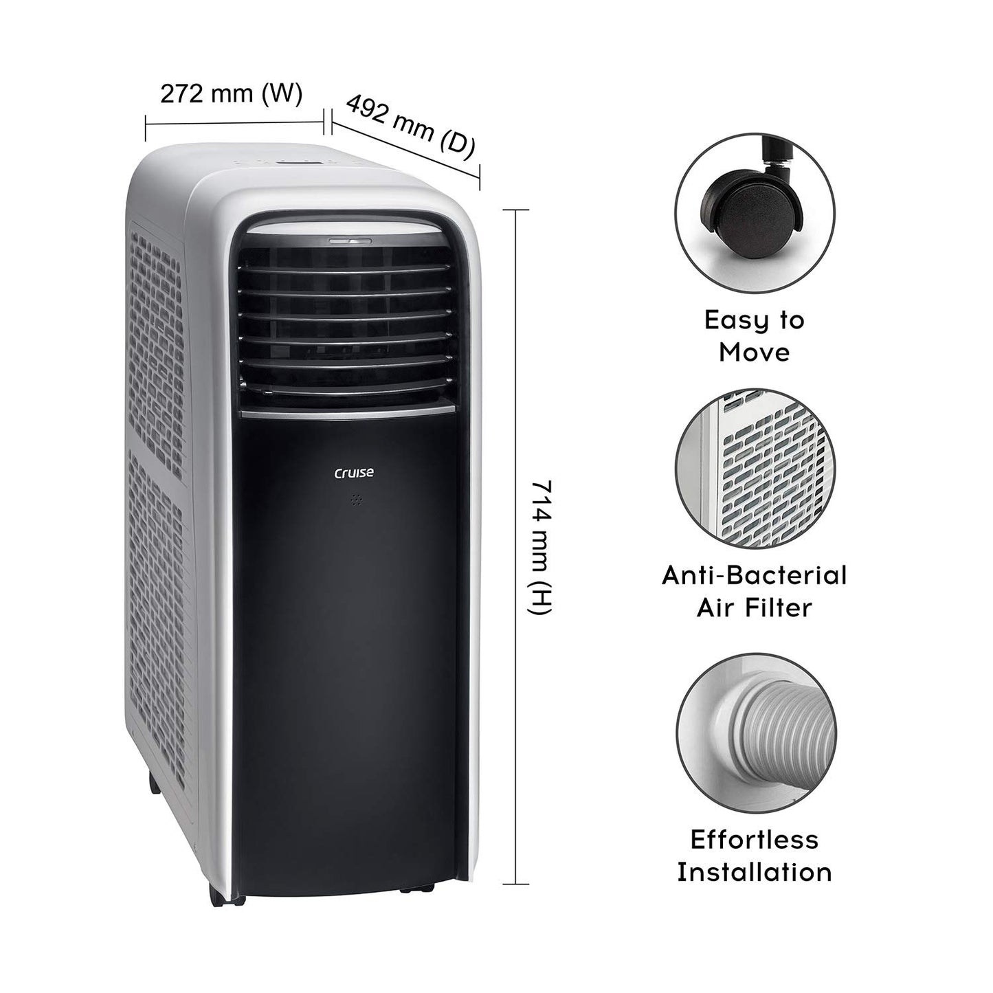 Cruise 1 Ton Portable AC with Anti-Bacterial Filter (100% Copper, 4-in-1: AC, Dehumidifier, Air Purifier & Fan, 4 Castor Wheels, Quiet Operation, HD Filter, CPCATF-PQ3S12, White & Black) 