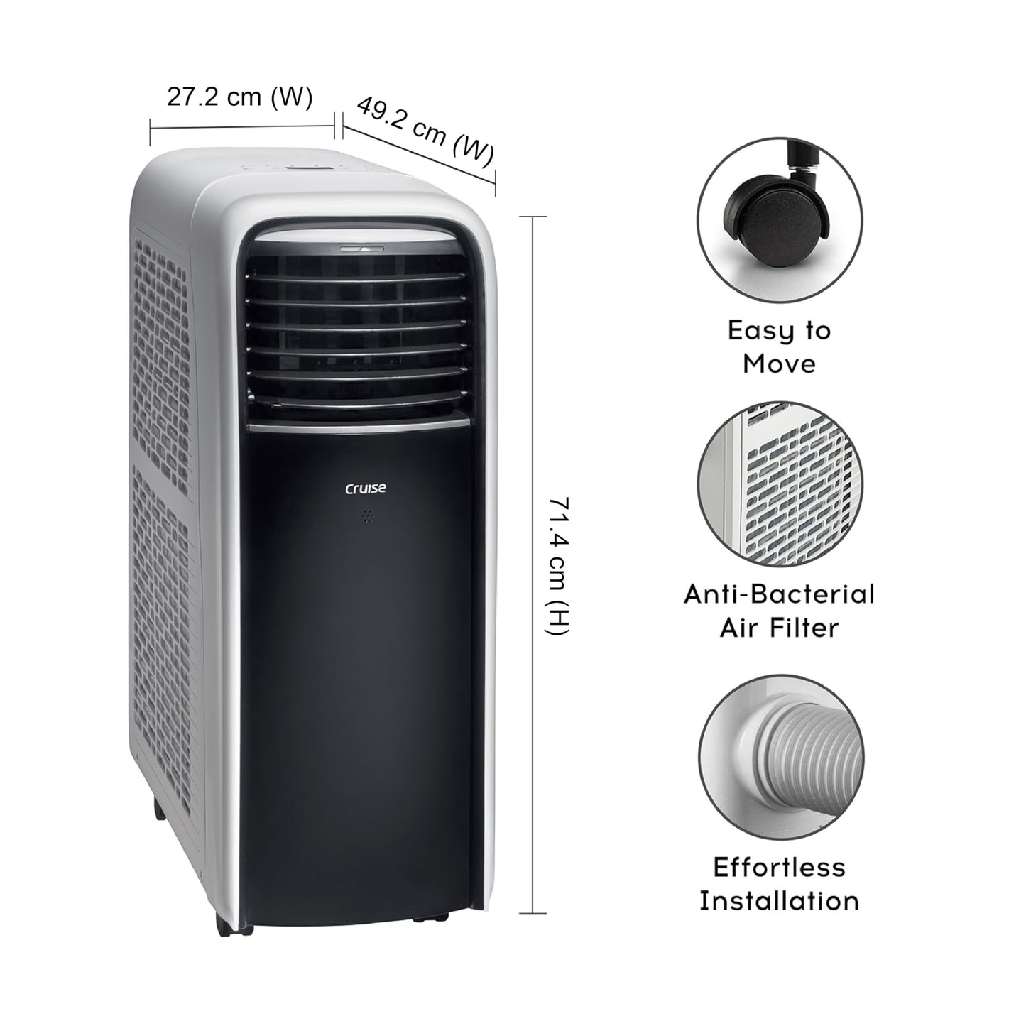 Cruise 1 Ton Portable AC with Anti-Bacterial Filter (100% Copper, 4-in-1: AC, Dehumidifier, Air Purifier & Fan, 4 Castor Wheels, Quiet Operation, HD Filter, CPCATF-PQ3S12, White & Black) 