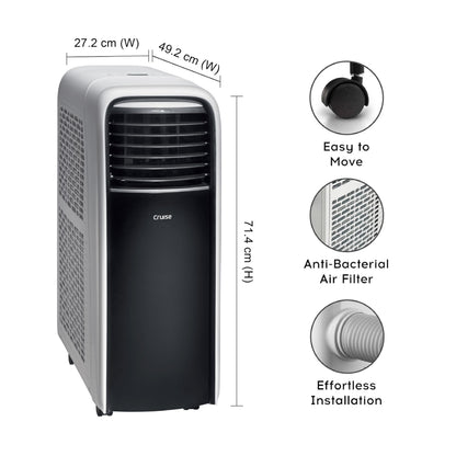 Cruise 1 Ton Portable AC with Anti-Bacterial Filter (100% Copper, 4-in-1: AC, Dehumidifier, Air Purifier & Fan, 4 Castor Wheels, Quiet Operation, HD Filter, CPCATF-PQ3S12, White & Black) 