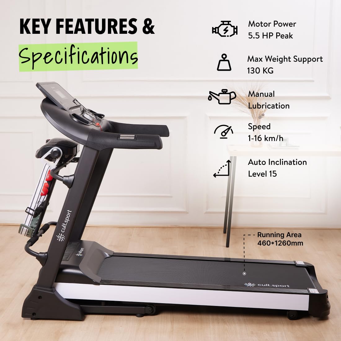Cultsport Canoas 5.5HP Peak, Max Weight: 130 Kg, Auto Incline with Massager Motorized Treadmill for Home Gym Fitness & 1 Year Warranty 