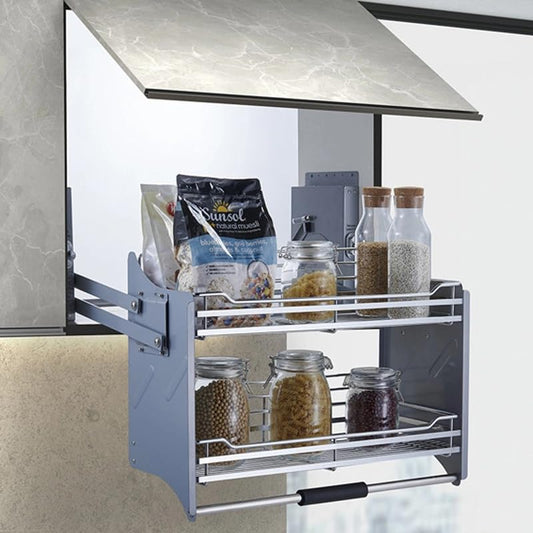 DBR Modular Kitchen Storage Rack Lift Basket Elevator Pull Down Two Tier Shelf Unit For Cabinet Width 60 CM (Silver) Imported (Width 600 MM) 