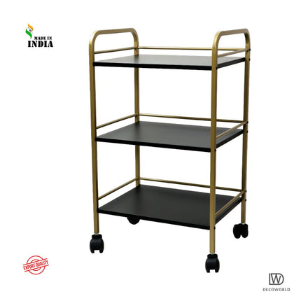 DECOWORLD || 3 Tier Premium Metal Rolling Trolley Cart Stand with Wheels|| Multifunctional Stand with Storage Rack Shelves || Space Saving Stand for Kitchen Bathroom Home and Office||Black & Golden 