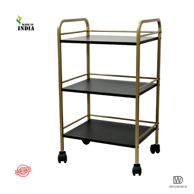 DECOWORLD || 3 Tier Premium Metal Rolling Trolley Cart Stand with Wheels|| Multifunctional Stand with Storage Rack Shelves || Space Saving Stand for Kitchen Bathroom Home and Office||Black & Golden 