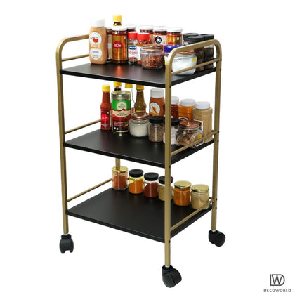 DECOWORLD || 3 Tier Premium Metal Rolling Trolley Cart Stand with Wheels|| Multifunctional Stand with Storage Rack Shelves || Space Saving Stand for Kitchen Bathroom Home and Office||Black & Golden 