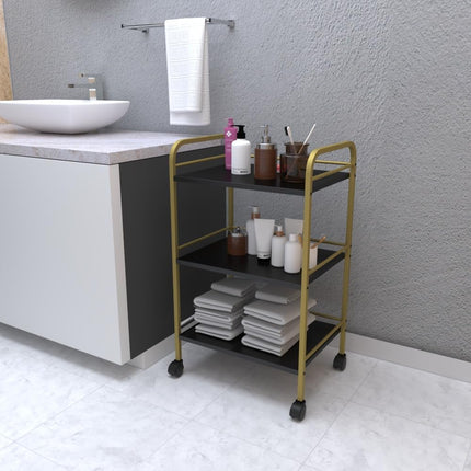 DECOWORLD || 3 Tier Premium Metal Rolling Trolley Cart Stand with Wheels|| Multifunctional Stand with Storage Rack Shelves || Space Saving Stand for Kitchen Bathroom Home and Office||Black & Golden 