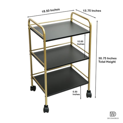 DECOWORLD || 3 Tier Premium Metal Rolling Trolley Cart Stand with Wheels|| Multifunctional Stand with Storage Rack Shelves || Space Saving Stand for Kitchen Bathroom Home and Office||Black & Golden 
