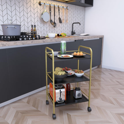 DECOWORLD || 3 Tier Premium Metal Rolling Trolley Cart Stand with Wheels|| Multifunctional Stand with Storage Rack Shelves || Space Saving Stand for Kitchen Bathroom Home and Office||Black & Golden 
