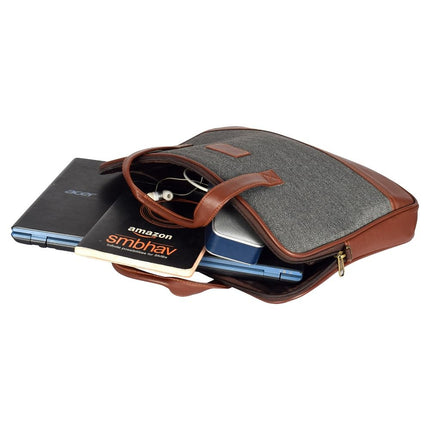 DERBEN CLOVE ® 15.6 Fabric and Leather Laptop, MacBook Shoulder Messenger Office Bag for Men and Women (Dark - Grey) 