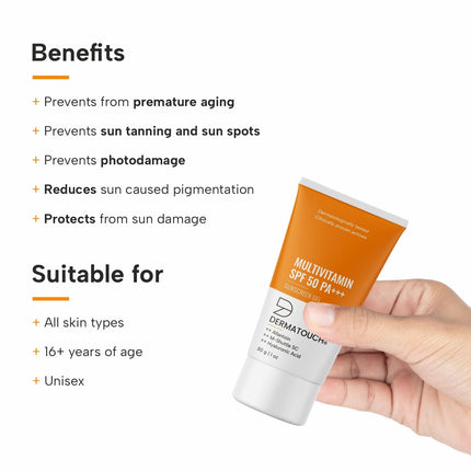 DERMATOUCH Multivitamin Spf 50 Pa+++ Sunscreen Gel For All Skin Types | Uva-Uvb Protection |Zero White Cast | Unisex | 30G 