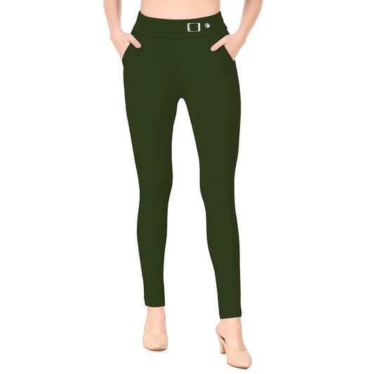 Most Comfortable Women's Mid-Waist Jeggings with 2 Front Pockets - Leaf Green 