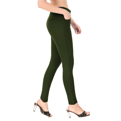 Most Comfortable Women's Mid-Waist Jeggings with 2 Front Pockets - DarkOliveGreen