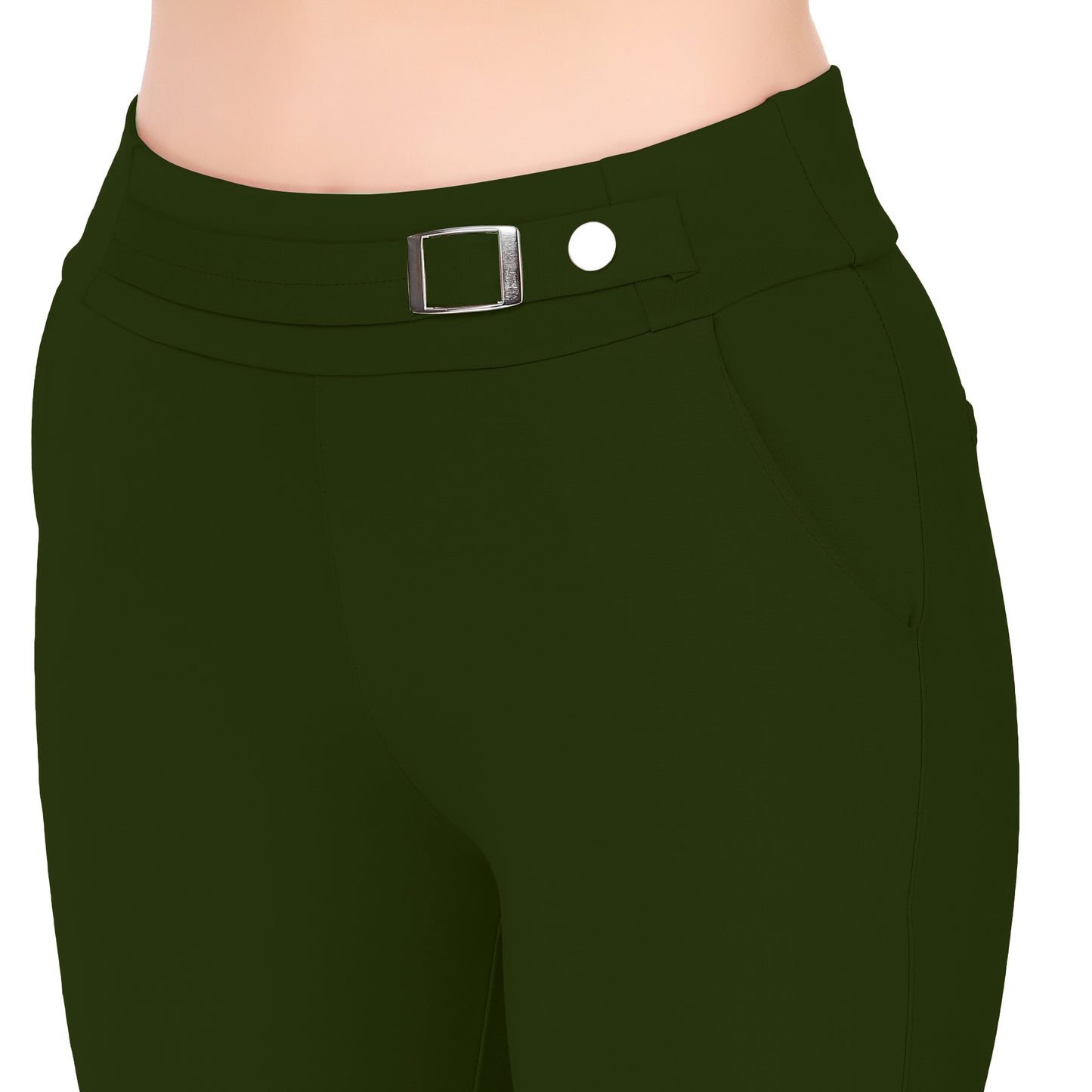Most Comfortable Women's Mid-Waist Jeggings with 2 Front Pockets - Leaf Green