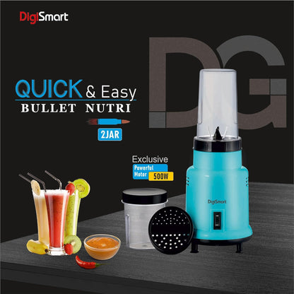 DIGISMART Nutri Mixer Grinder With 2 Jar | 500 Watt | Long Lasting Shock Proof Abs Body | Heavy Duty Motor Multi Purpose Blade Come With 1 Years Warranty (Blue) 
