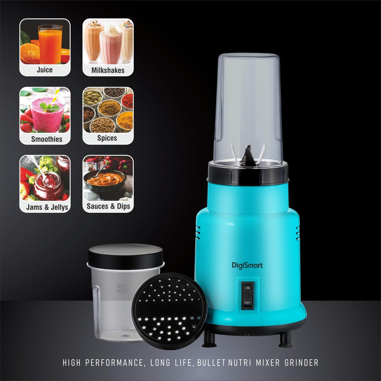 DIGISMART Nutri Mixer Grinder With 2 Jar | 500 Watt | Long Lasting Shock Proof Abs Body | Heavy Duty Motor Multi Purpose Blade Come With 1 Years Warranty (Blue) 