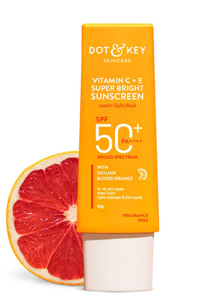 DOT & KEY Vitamin C + E Super Bright Sunscreen Spf 50 |Water-Light,UVA/UVB & Blue Light Protection|For Even Toned & Glowing Skin|With Liquid Spf 50+++| No White Cast| For All Skin Types| 50G,Pack Of 1 