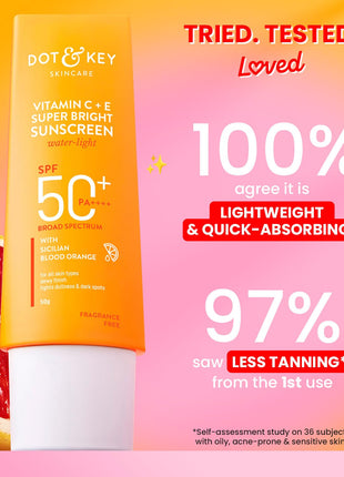 DOT & KEY Vitamin C + E Super Bright Sunscreen Spf 50 |Water-Light,UVA/UVB & Blue Light Protection|For Even Toned & Glowing Skin|With Liquid Spf 50+++| No White Cast| For All Skin Types| 50G,Pack Of 1 