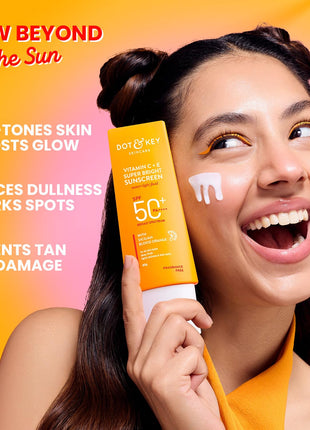 DOT & KEY Vitamin C + E Super Bright Sunscreen Spf 50 |Water-Light,UVA/UVB & Blue Light Protection|For Even Toned & Glowing Skin|With Liquid Spf 50+++| No White Cast| For All Skin Types| 50G,Pack Of 1 