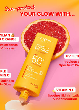 DOT & KEY Vitamin C + E Super Bright Sunscreen Spf 50 |Water-Light,UVA/UVB & Blue Light Protection|For Even Toned & Glowing Skin|With Liquid Spf 50+++| No White Cast| For All Skin Types| 50G,Pack Of 1 