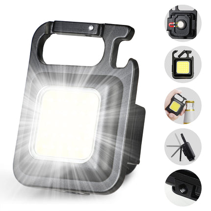 DOTCOM LED Mini Cob Keychain and Magentic Flashlight Portable USB Rechargeable Light 3 Light Modes with Folding Bracket,for Walking Camping?Square?,Black, 1000 Lumen 