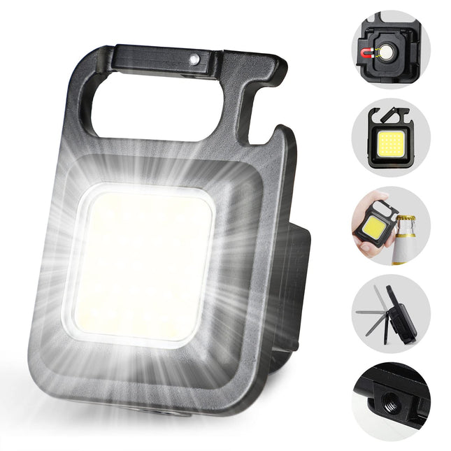 DOTCOM LED Mini Cob Keychain and Magentic Flashlight Portable USB Rechargeable Light 3 Light Modes with Folding Bracket,for Walking Camping?Square?,Black, 1000 Lumen 
