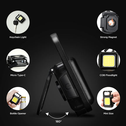 DOTCOM LED Mini Cob Keychain and Magentic Flashlight Portable USB Rechargeable Light 3 Light Modes with Folding Bracket,for Walking Camping?Square?,Black, 1000 Lumen 
