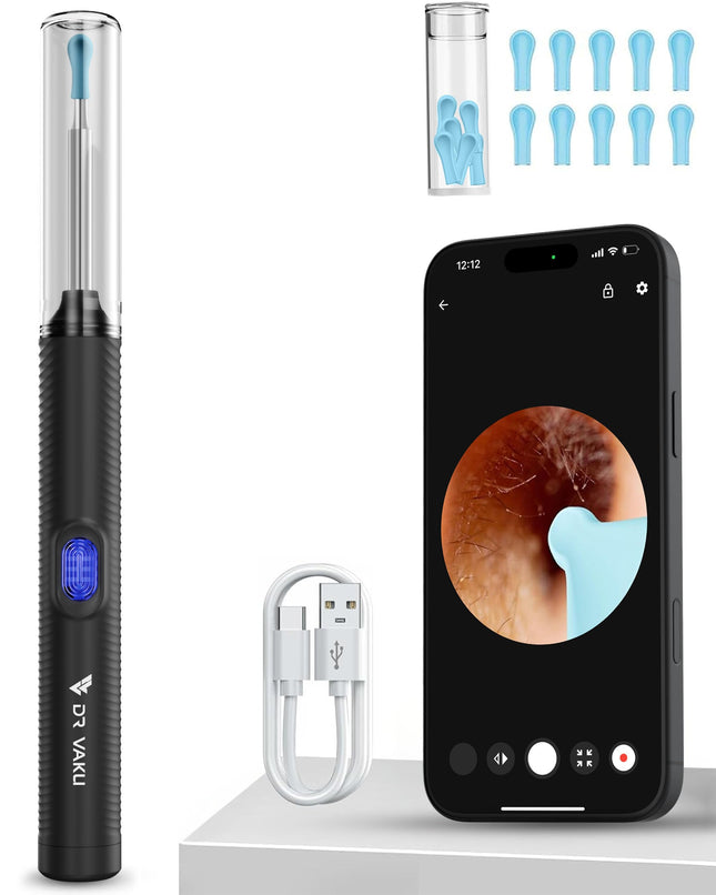 DR VAKU Exclusive New Launch Earocam Earwax Removal Tool Kit with HD Camera Wifi Connection & 6 LED Lights Endoscope Tool Ear Cleaner for iOS & Android + 11 Silicone Tips Free- Black 