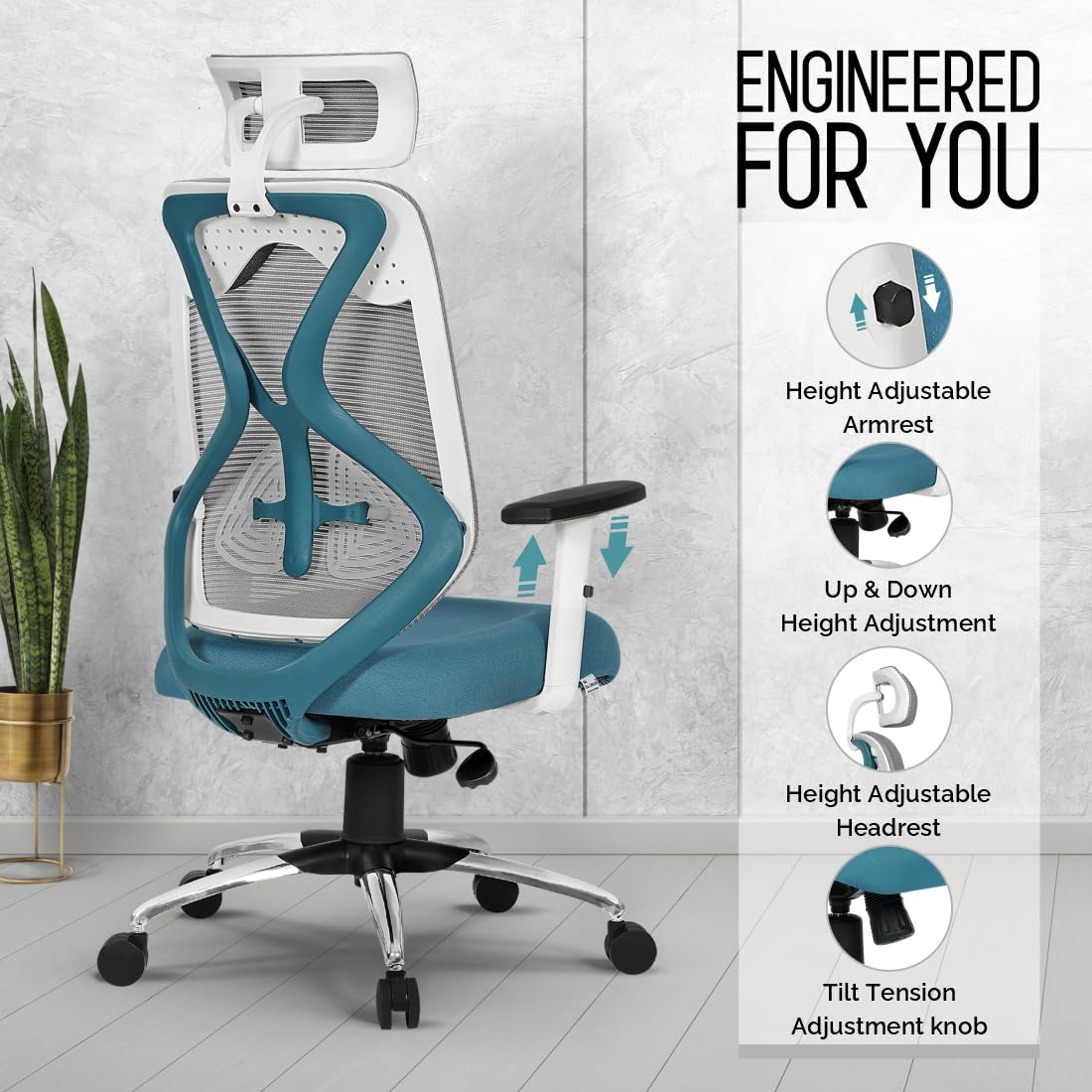 Da URBAN® Merlion Office Chair,High Back Mesh Ergonomic Home Office Desk Chair with 3 Years Warranty, Adjustable Armrests,Adjustable Lumbar Support,Tilt Lock Mechanism (Grey) 