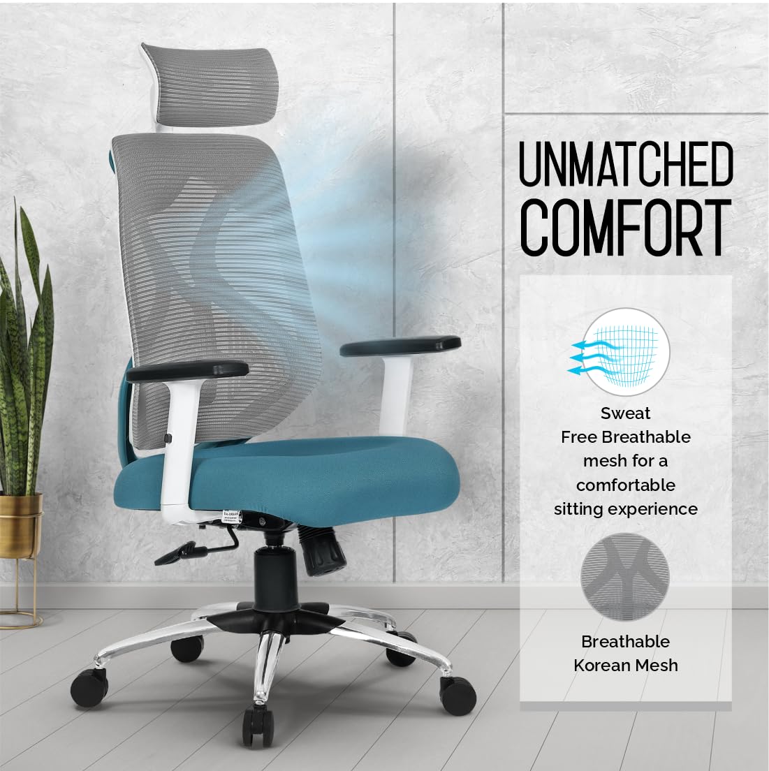Da URBAN® Merlion Office Chair,High Back Mesh Ergonomic Home Office Desk Chair with 3 Years Warranty, Adjustable Armrests,Adjustable Lumbar Support,Tilt Lock Mechanism (Grey) 