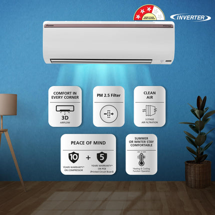 Daikin 1.5 Ton 3 Star Hot & Cold Inverter Split AC (Copper, PM 2.5 Filter, FTHT50UV, White) 