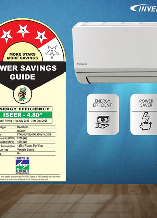 Daikin 2.6 Ton 4 Star Inverter Split AC (Copper, PM 2.5 Filter, FTKL90UV, White) 