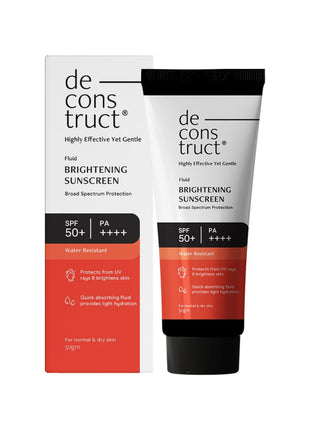 Deconstruct Brightening Sunscreen for Dry Skin with SPF 50+ | 8 hours Long Lasting Dewy Sunscreen | Water Resistant, No White Cast, Quick Absorbing | For Women and Men | 50gm 
