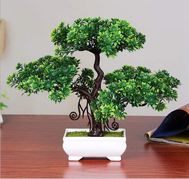 Dekorly Artificial Bonsai with Plastic Pot (Green, 1 Piece) 