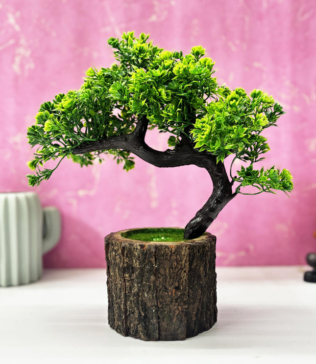 Dekorly Plastic Small Artificial Plant Bonsai Tree Fake Plant Potted House Plants Japanese Pine Bonsai Plant Faux Bonsai For Home Indoor Decoration Office(Wooden Potted Plants,Design-H) 