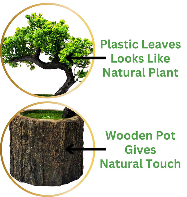 Dekorly Plastic Small Artificial Plant Bonsai Tree Fake Plant Potted House Plants Japanese Pine Bonsai Plant Faux Bonsai For Home Indoor Decoration Office(Wooden Potted Plants,Design-H) 