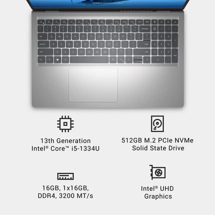 Dell 15 Laptop DC15250-15.6-inch FHD (1920x1080) 120Hz Display, Intel Core i5-1334U Processor, 16GB DDR4 RAM, 512GB SSD, Intel UHD Graphics, Windows 11 Home, Onsite Service - Platinum Silver 