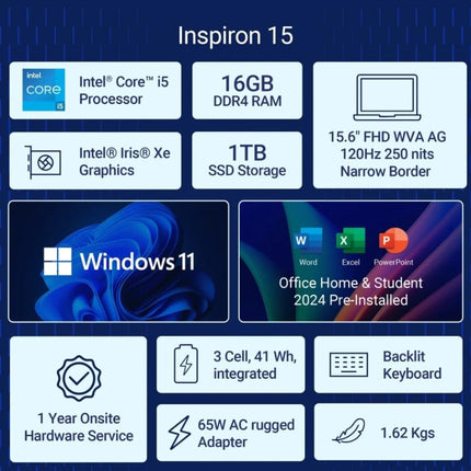 Dell 15DC15250, Intel Core i5 13th Gen - 1334U, 16GB RAM, 1TB SSD, FHD 15.6"/39.62 cm, Windows 11, MSO'24, Silver, 1.62kg, Backlit Keyboard, 15 Month McAfee, Thin & Light Laptop 