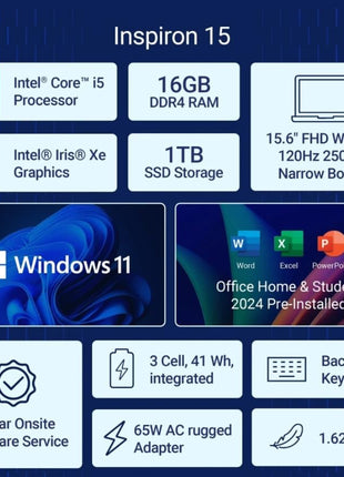 Dell 15DC15250, Intel Core i5 13th Gen - 1334U, 16GB RAM, 1TB SSD, FHD 15.6"/39.62 cm, Windows 11, MSO'24, Silver, 1.62kg, Backlit Keyboard, 15 Month McAfee, Thin & Light Laptop 