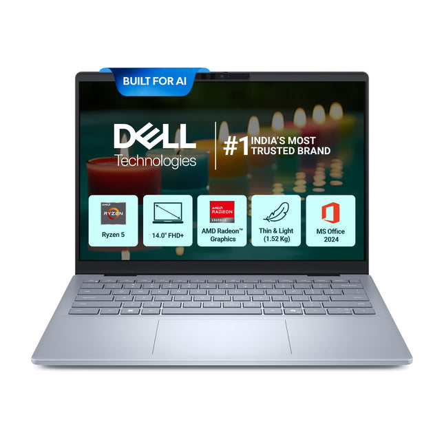 Dell DB14255, R5-340 AI Processor, 16GB LPDDR5X, 512GB SSD, FHD Plus 14"/35.56 cm, Win11+MSO 2024, Ice Blue, 1.52 Kg, 300 Nits IPS Display, AMD Radeon Graphics, Backlit+FPS Keyboard AI Powered Laptop 