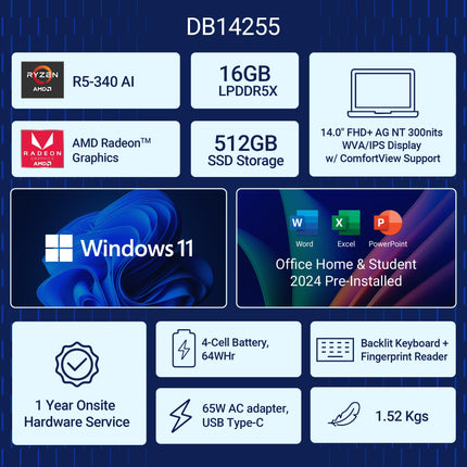 Dell DB14255, R5-340 AI Processor, 16GB LPDDR5X, 512GB SSD, FHD Plus 14"/35.56 cm, Win11+MSO 2024, Ice Blue, 1.52 Kg, 300 Nits IPS Display, AMD Radeon Graphics, Backlit+FPS Keyboard AI Powered Laptop 