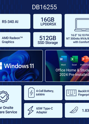 Dell DB16255, R5-340 AI Processor, 16 GB LPDDR5X, 512 GB SSD, 16" (40.64 cm) FHD Plus, Win11+MSO 2024, Ice Blue, 1.83 Kg, AMD Radeon™ Graphics, 300 Nits IPS, Backlit+FPS Keyboard, AI Powered Laptop 