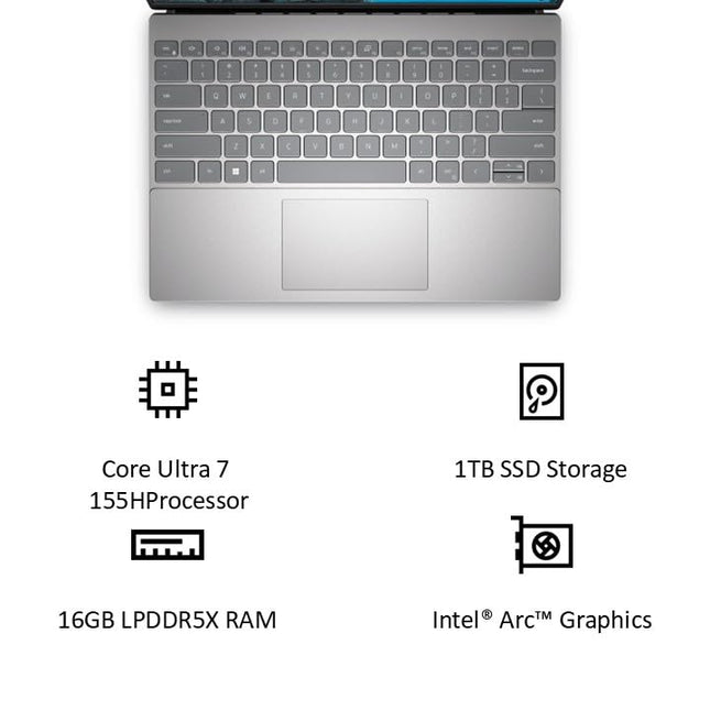 Dell New Inspiron 13 Laptop with AI Enabled Intel Core Ultra 7 155H Processor, 16GB LPDDR5X, 1TB SSD, 13.3" (33.78cm) QHD+ 300nits, Backlit KB + FPR, Win 11+MSO'24, 15 Month McAfee, Silver, 1.24kg 