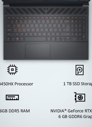 Dell {Smartchoice} G15-5530 Core i5-13450HX| NVIDIA RTX 3050, 6GB (16GB RAM|1TB SSD, FHD|Window 11|MS Office' 21|15.6" (39.62cm)|Dark Shadow Grey|2.65Kg|Gaming Laptop 