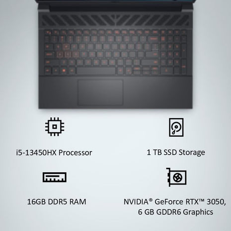 Dell {Smartchoice} G15-5530 Core i5-13450HX| NVIDIA RTX 3050, 6GB (16GB RAM|1TB SSD, FHD|Window 11|MS Office' 21|15.6" (39.62cm)|Dark Shadow Grey|2.65Kg|Gaming Laptop 
