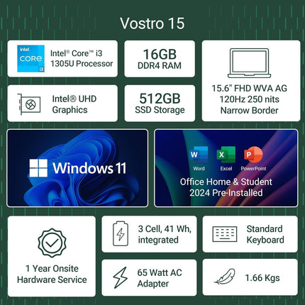 Dell Vostro, Intel Core i3 13th Gen - 1305U, 16GB DDR4 RAM, 512GB, FHD 15.6"/39.6 cm, Windows 11, Office H&S 2024, Carbon Grey, 1.66Kg, 120Hz 250 nits Narrow Border Display, Intel UHD Graphics Laptop 