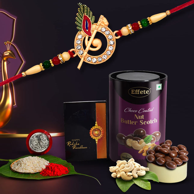 DeoDap Chocolate with Rakhi Gift for Brother – Murli Design Rakhi Set for Brother with Choco Coated Butterscotch Nuts, Silver Colour Coin & Greeting Card – Raksha Bandhan Combo For Bhai 